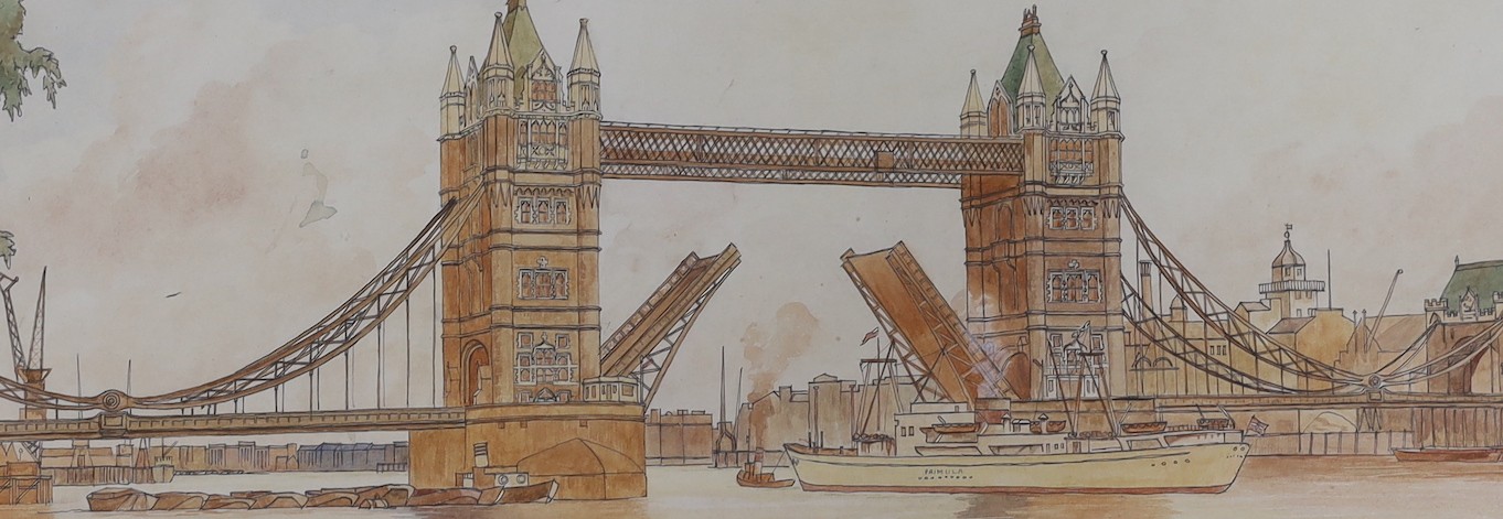 B Casson, 20th century, watercolour, Thames shipping, signed, 37 x 50cm, and John L Baker (b.1922), Tower Bridge, signed, 20 x 53cm (2)